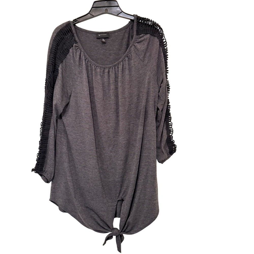 AB Studio Knit Top Womens XL Grey Crochet Shoulder 3/4 Sleeve Tie Front 047013C